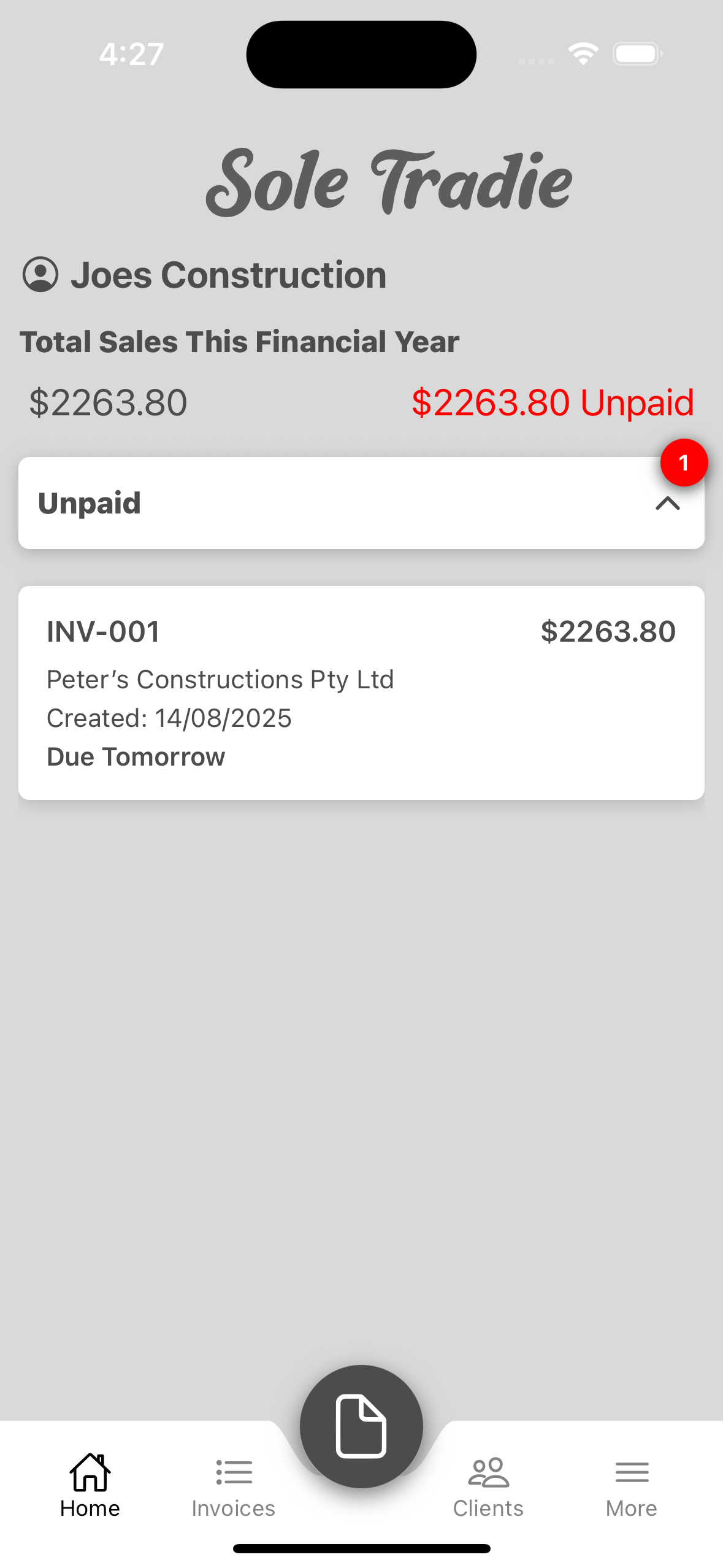 SoleTradie Home with unpaid summary