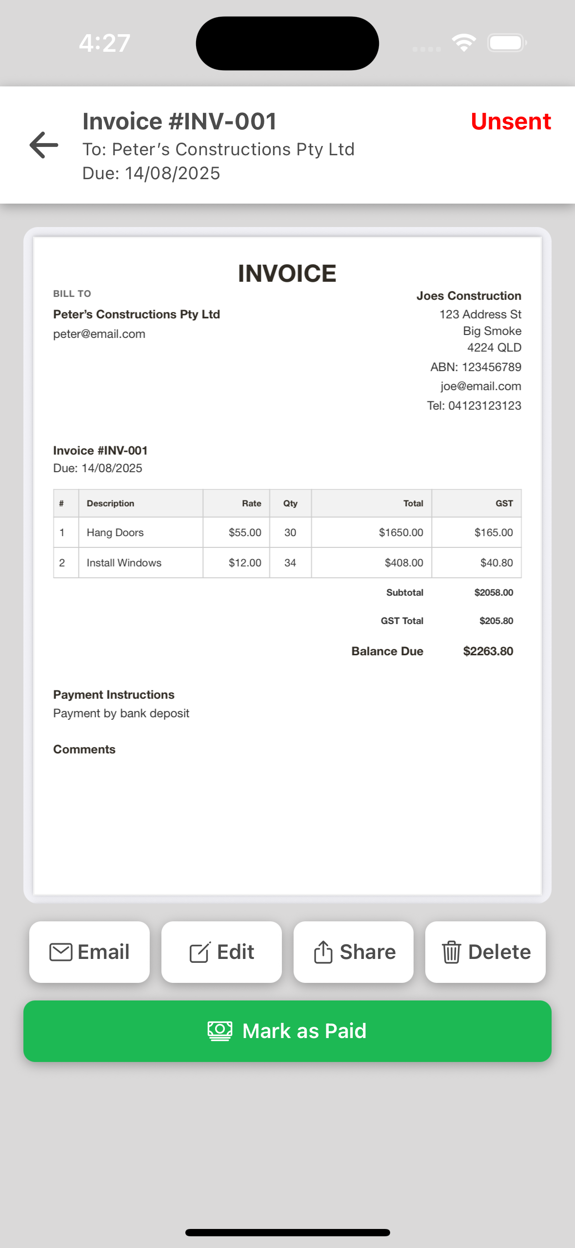 Invoice detail screen